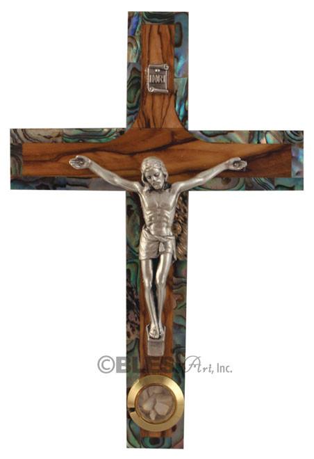 Latin Crucifix, Abalone seashells, with Holy Items, Different sizes available. - Blest Art, Inc. 