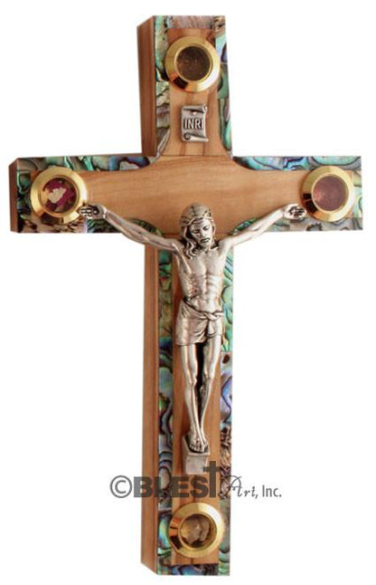 Latin Crucifix, Abalone seashells, with Holy Items, Different sizes available. - Blest Art, Inc. 