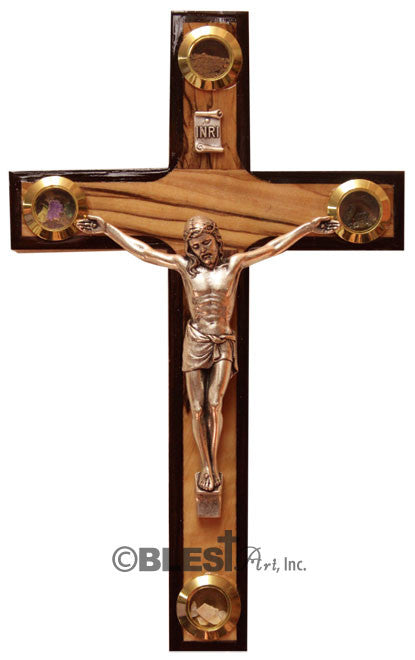 Latin Crucifix, Walnut, with Holy Items, Different sizes available. - Blest Art, Inc. 