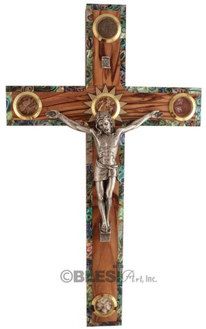 Latin Crucifix, Abalone seashells, with Holy Items, Different sizes available. - Blest Art, Inc. 