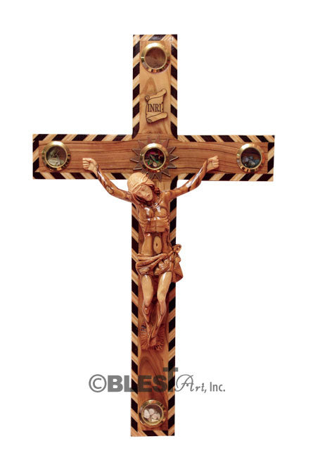 Latin Crucifix, Chevron with Holy Items.  Available in wooden and porcelain body, Size: 13.8"/35 cm - Blest Art, Inc. 