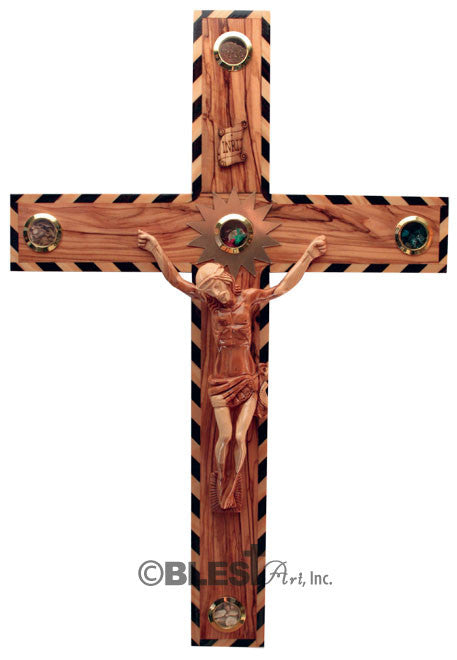 Latin Crucifix, Chevron, with 5 Holy Items, Size: 19.7"/50 cm - Blest Art, Inc. 