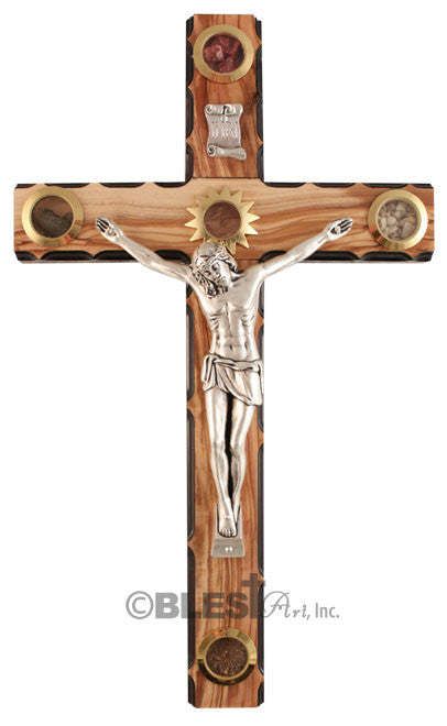 Latin Crucifix, Dark Edges, with Metal figure and 5 Holy Items, Size: 13.8"/35 cm - Blest Art, Inc. 