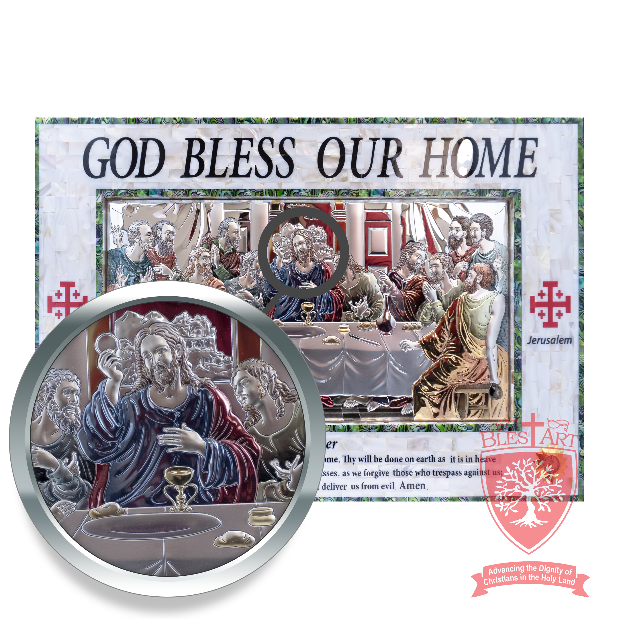 Last Supper Icon, Silver plated, Sea Shells Frame and Holy Items