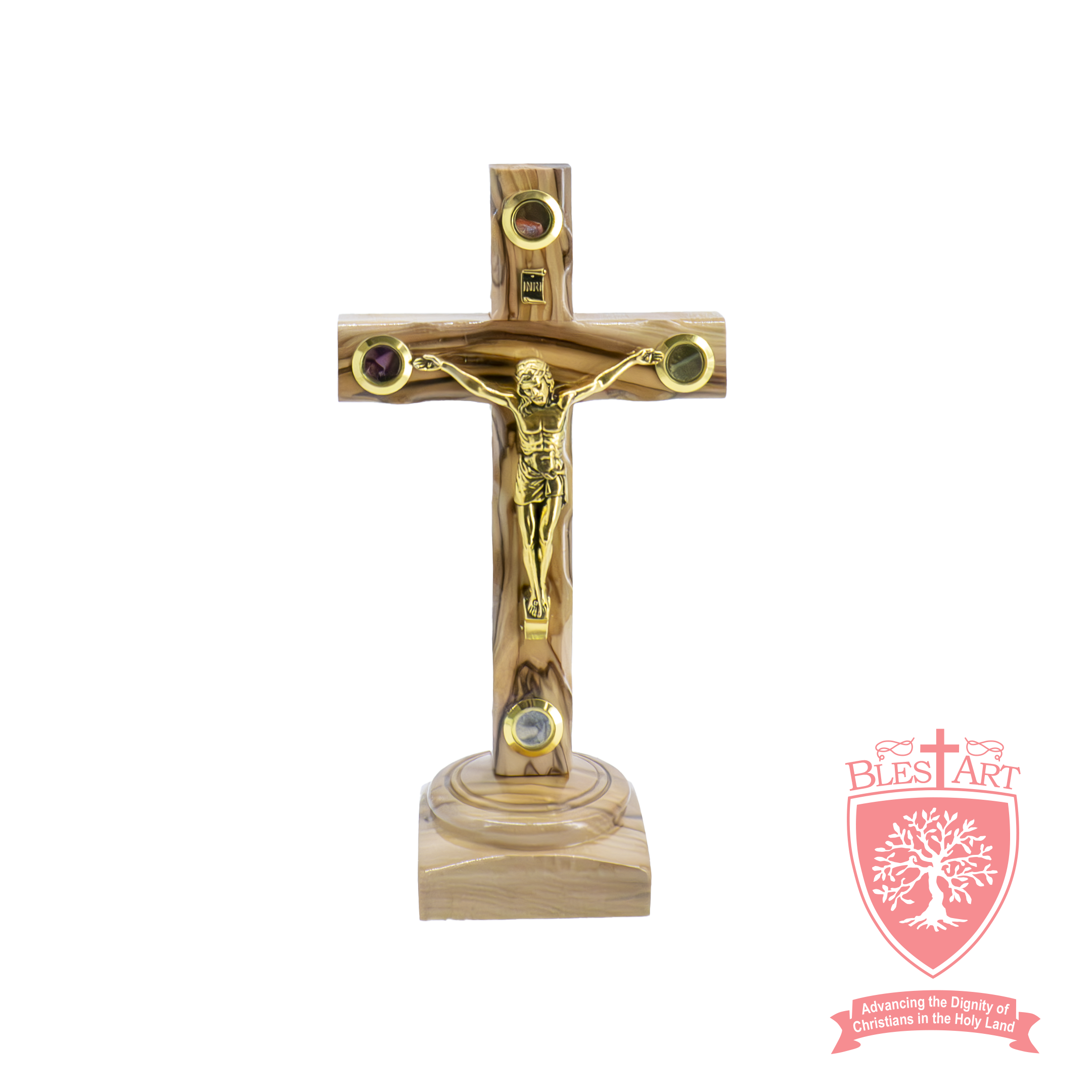 Latin Cross on Base with 4 holy items - Olive Wood