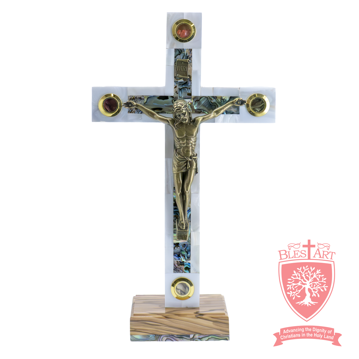 Latin Cross with Mother of Pearl and Abalone Shell - Olivewood