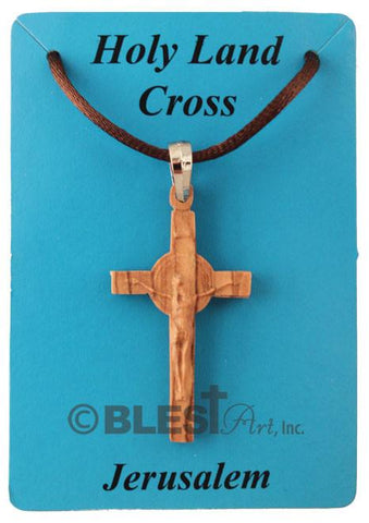 Necklace with Olive Wood Pendant, Roman and Latin Crucifix, Size: 1.0"/2.5 cm - Blest Art, Inc. 