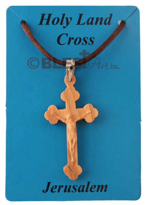 Necklace with Olive Wood Pendant, Roman and Latin Crucifix, Size: 1.0"/2.5 cm - Blest Art, Inc. 