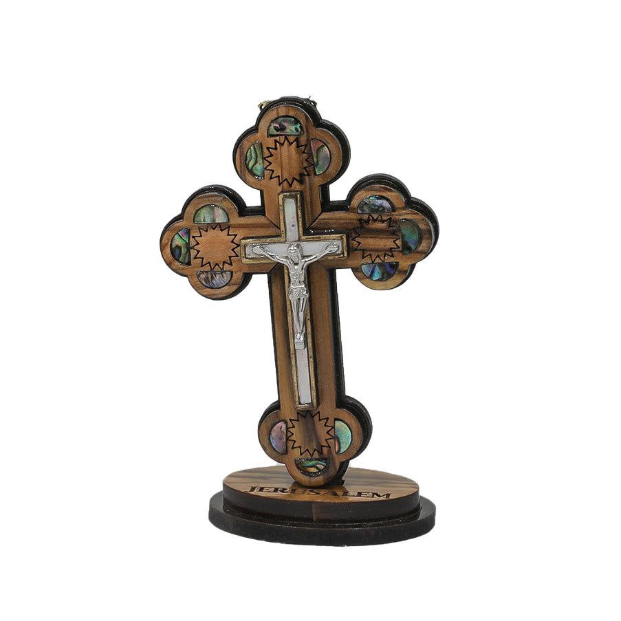 Different styles of small roman crosses on a base and small hand icons. Size: 4"