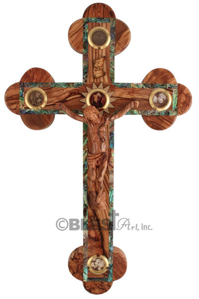 Roman Crucifix, Abalone seashells. Wooden Figure and Holy Items, Size: 13.8"/35 cm - Blest Art, Inc. 