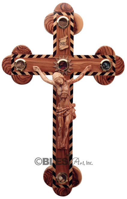 Roman Crucifix, Chevron with Holy Items, Available in Wooden and porcelain Body, Size: 15.7"/40 cm - Blest Art, Inc. 