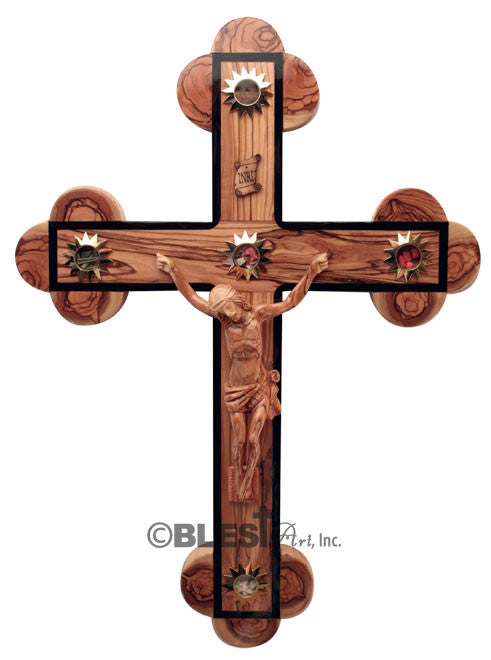 Roman Crucifix with wooden body. Walnut edges and Holy Items, Size: 21.7"/55 cm - Blest Art, Inc. 