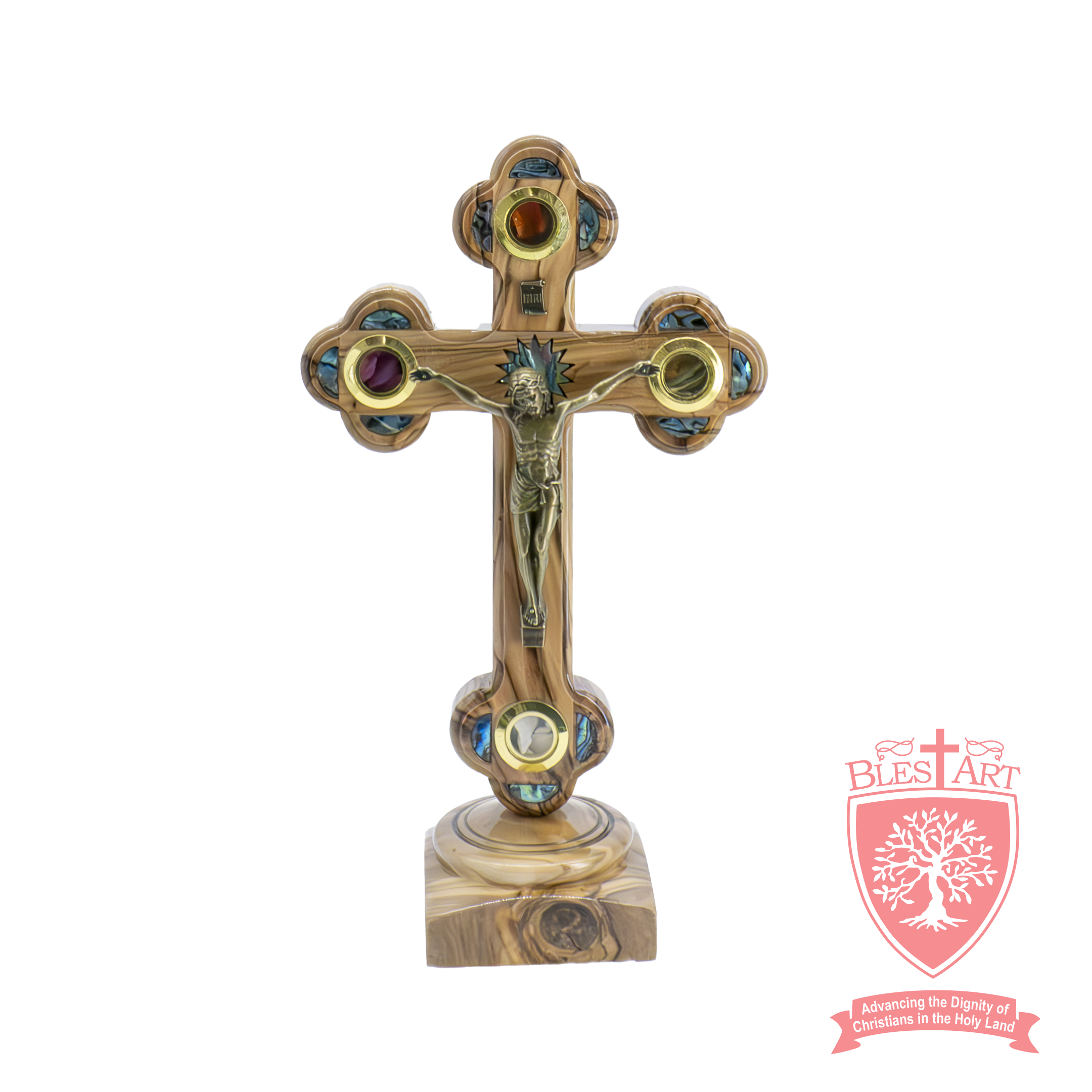 Roman Cross with Abalone Shell on base - Olive Wood