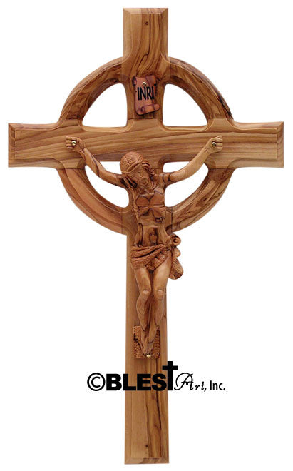 Celtic Crucifix, Olive Wooden and Porcelain Figure - Blest Art, Inc. 